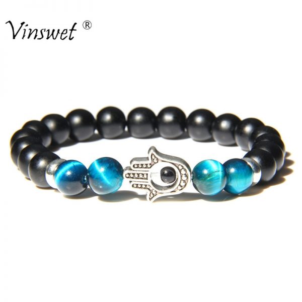 Beads Bracelet Men Fashion Fatima Hand Bracelets Natural Stone Tiger Eye Bracelets for Women Men Elastic Yoga Bracelet Jewelry