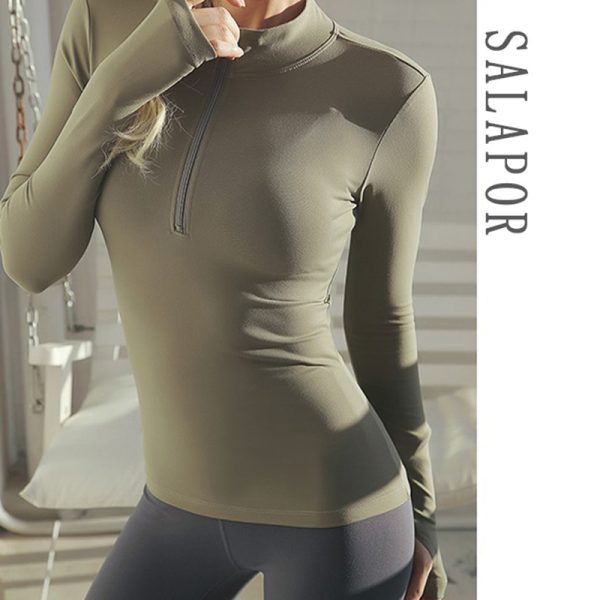 SALSPOR Sexy Women Yoga Top Sport Zipper Long Sleeve Yoga Shirt With Thumb Holes Solid Quick Dry Breathable Gym Fitness Shirt - Image 4